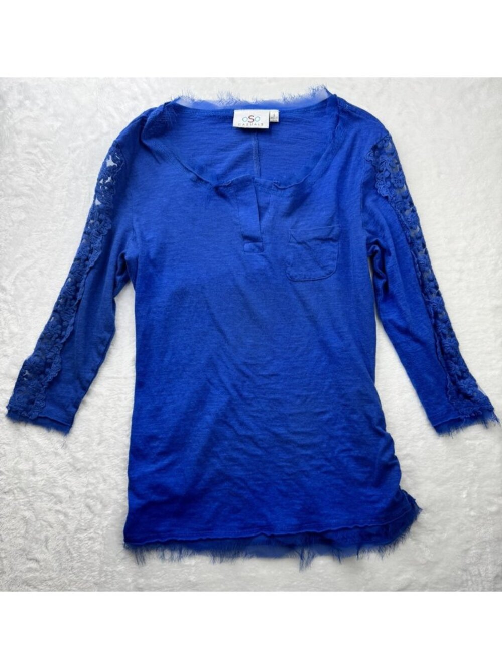 OSO Casuals Size S Womens Top Tee Frayed Hems And Neckline Blue 3/4 Sleeve